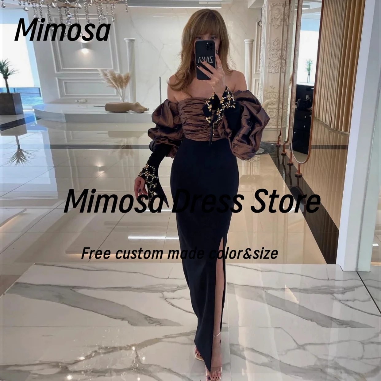 Mimosa Ruched Strapless Prom Dresses 2025 Beaded Puffy Long Sleeves Evening Gowns Side Slit Cocktail Party Dress Customized