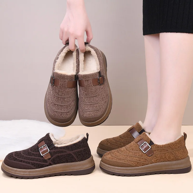 Women Winter Fleece Lined Loafers, Knitted Fabric Warm Slip‑on Shoes, Buckle Strap Non‑Slip Thick Platform Casual Shoes view 4