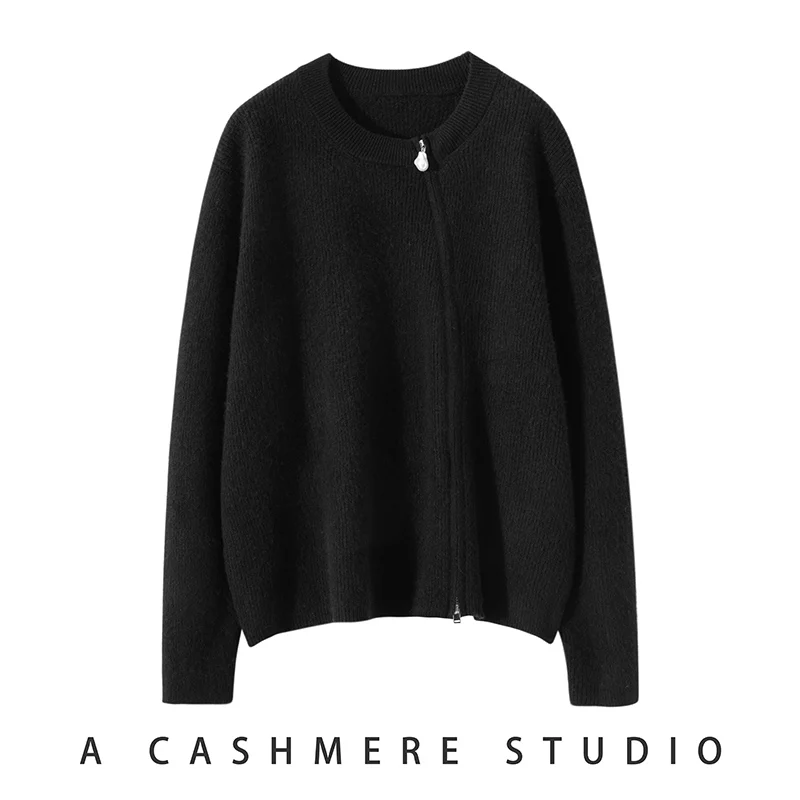 Double Zipper Cashmere Cardigan Women's Autumn Winter French Fashion Long Sleeved Solid Color Round Neck Cashmere Knitted Jacket