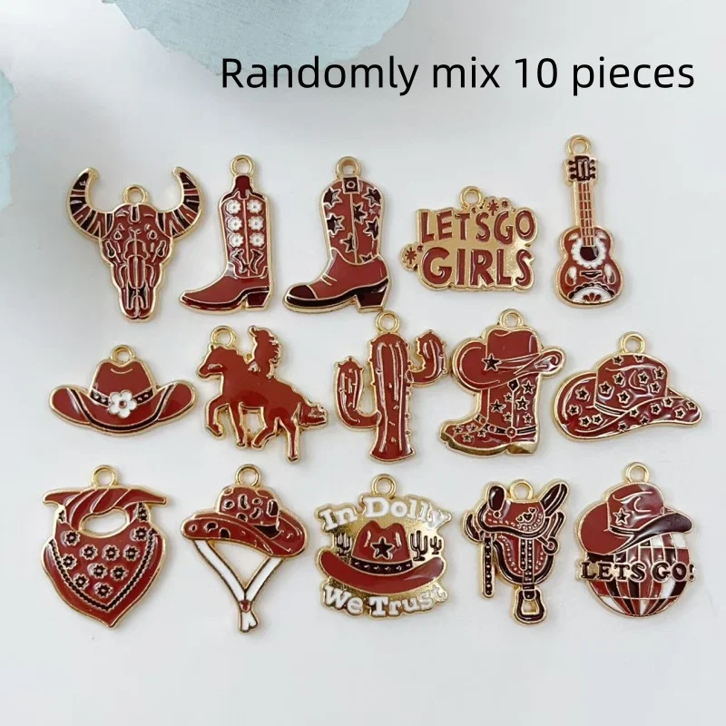 10Pcs Vintage Western Cowgirl Enamel Charms Alloy Pendants Boots Hat Horse Cactus DIY Bracelet Jewelry Making Supplies