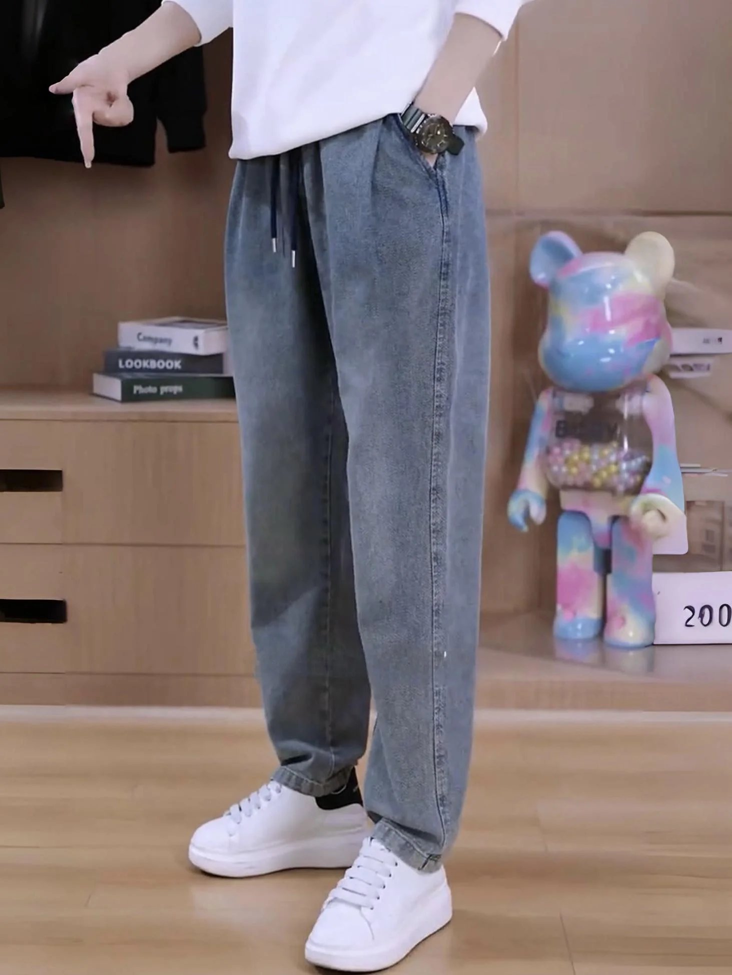 

Spring Autumn New Sle Men's Straight Leg Anti-Wrinkle Denim Jeans Loose Fit Casual Pants Star Pattern High Waist Cotton Blend