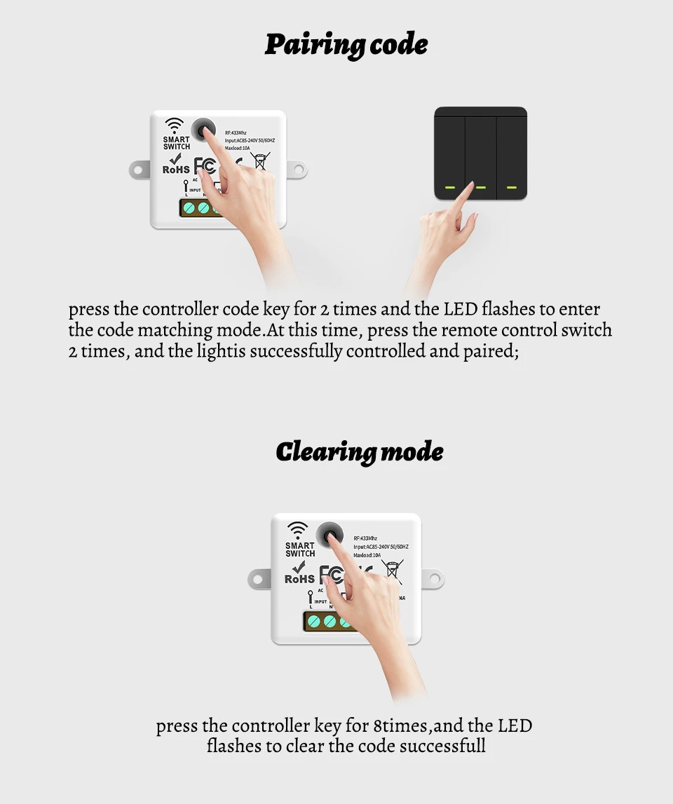 Wireless ON OFF Switch RF433 Module Remote Control Light Switch 1/2/3 Gang Wall Switch for Light Bulb Chandelier 10A 110V 220V