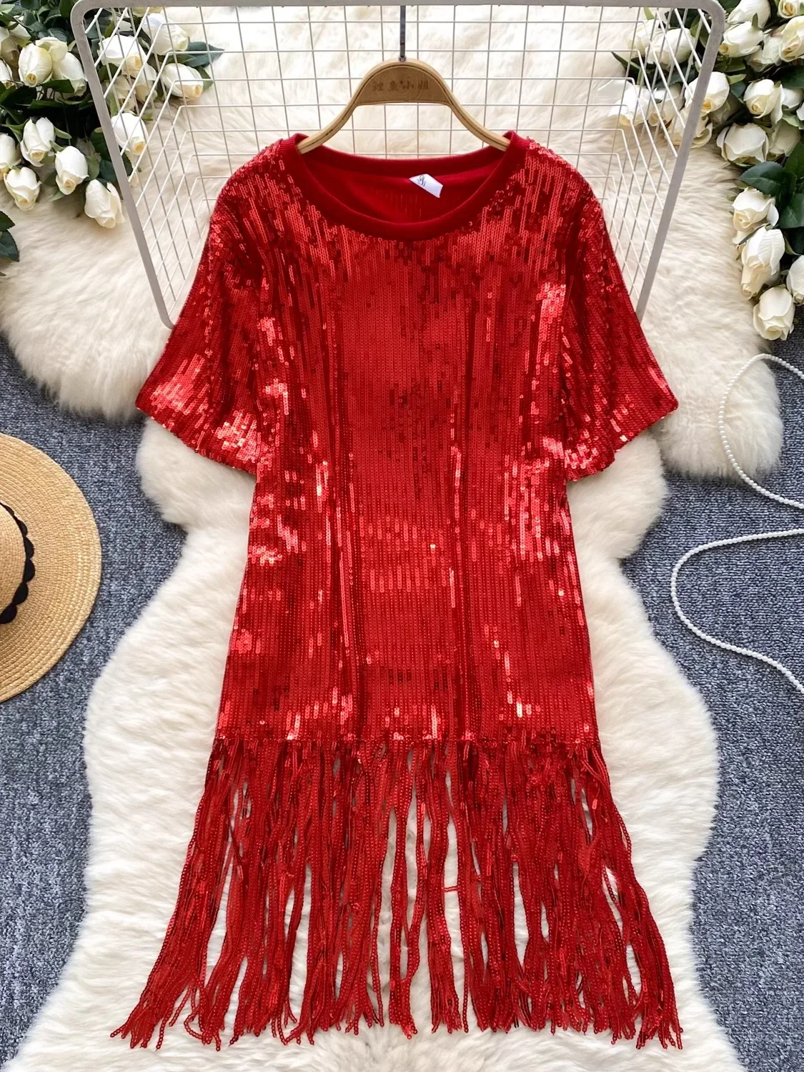 Ofallsis O neck Sparkling Sequin Dress 2024 Summer New Fashionable Retro Short Sleeved Slimming Temperament Sexy Tassel Dresses