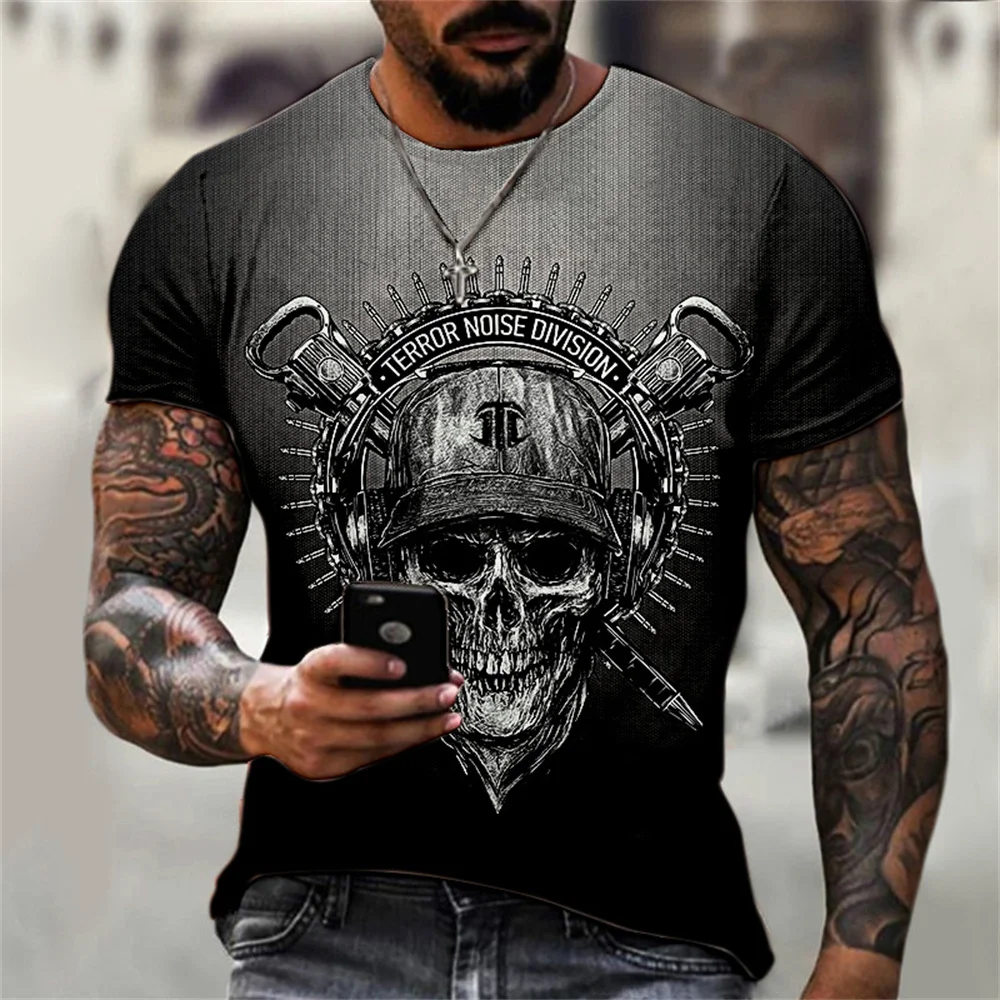 Summer Retro Skull 3D Print Men\'s Gothic Retro Harajuku Large Casual Short sleeved Street Punk Style T-shirt