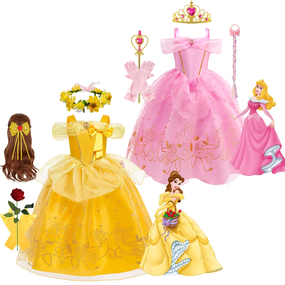 

Платье принцессы Авроро Диснея, детское розовое золотое сетчатое пушистое платье принцессы Авроро Белль, карнавальный костюм на Хэллоуин