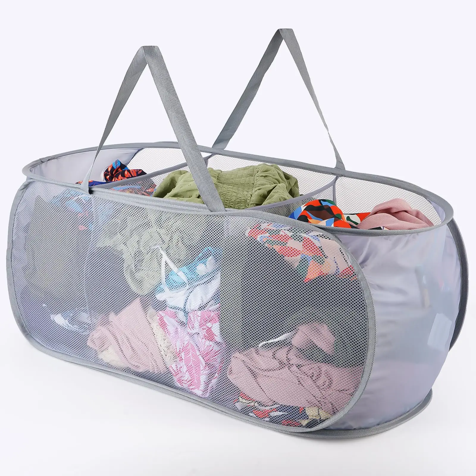 Pop Up Laundry Hamper, 3 Compartments Popup Mesh Hamper with Handles, Space Saving Foldable Laundry Basket Laundry Room Travel