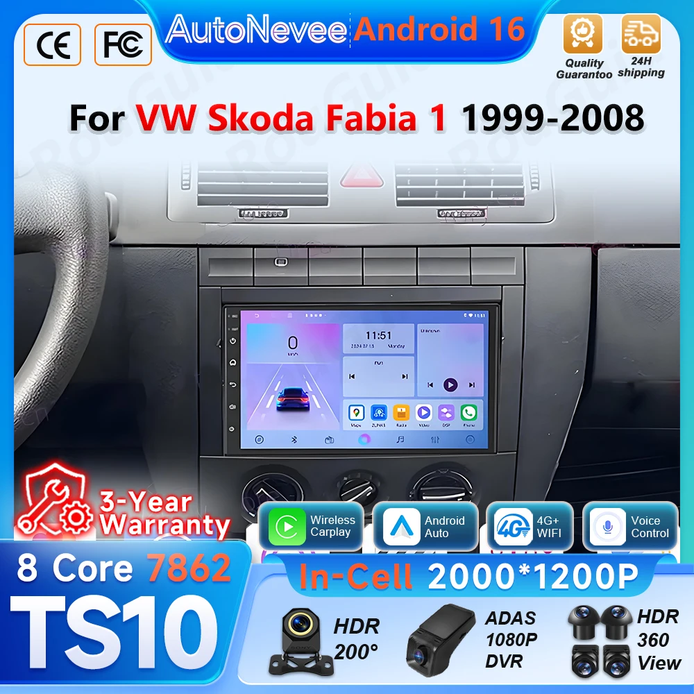 Android 16 Carplay для VW Skoda Fabia 1 1999 - 2008, сенсорный экран, мультимедийный видеоплеер, GPS-навигация, 5G Wi-Fi, RSD, BT, головное устройство.