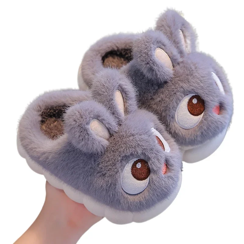 Children Fluffy Slippers for Girls Winter New Cute Big Eyed Rabbit Indoor Home Cotton Shoes Warm Non-slip Boys Cotton Slippers