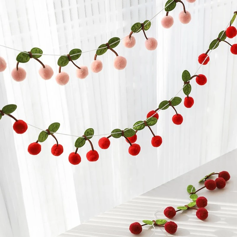 Delightful Appearance Cherry Felt Ball Handmade Garland String Wall Hanging Ornaments Hair Ball Pendant For Kids Room And Party