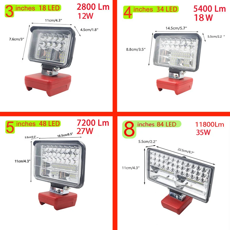 3/4/5/8 Inch LED Work Light for Milwaukee 18V Li-ion Battery Portable LED Lantern Tool Lamp Spotlight Emergency Lighting