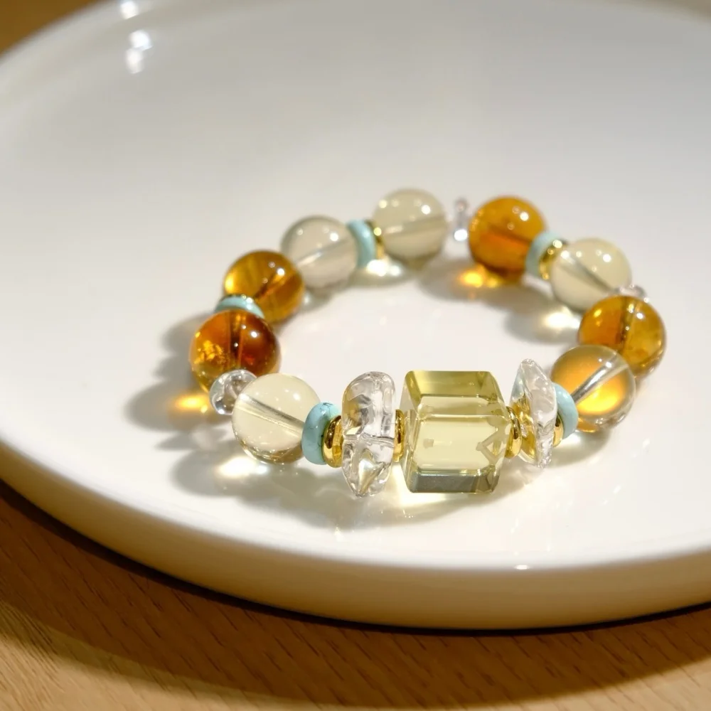 Natural Citrine Cube Bead Bracelet Women Fashion Charm Crystal Healing Energy Gemstone Yoga Jewelry 1PCS