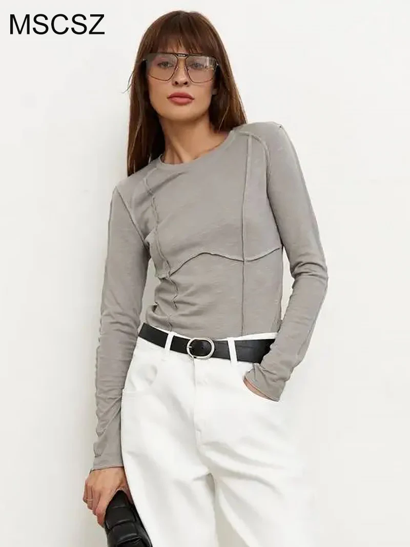 

MSCSZ Women's Cotton T-shirt Crewneck Long Sleeve T-shirt Y2K Fitted Patchwork Tee Shirts Fall Spring