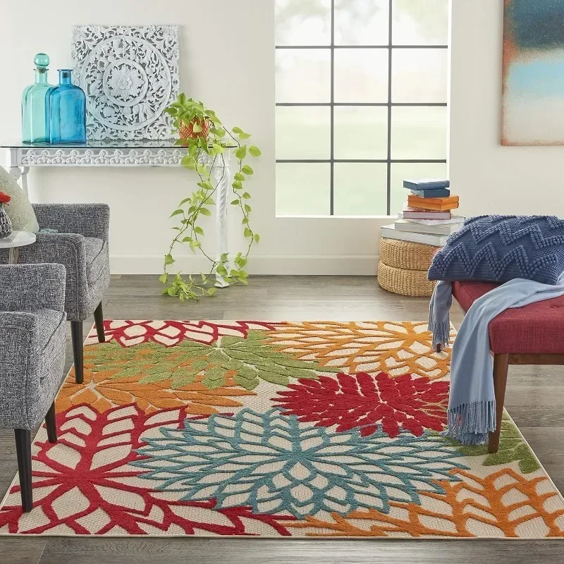 Indoor/Outdoor Green Area Rug, Tropical, Botanical, Easy Cleaning, Non Shedding, Bed Room, Living Room, Dining Room, Deck