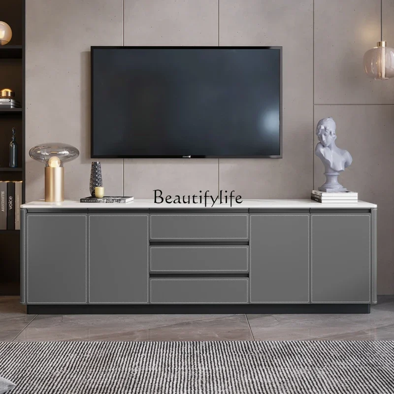 

FG10Minimal saddle leather rock panel TV cabinet Nordic storage high-end book storage chest cabinet