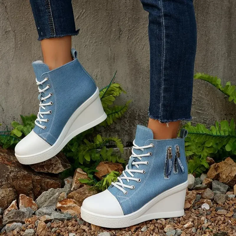 Fashion Denim Blue Canvas Shoes Women 2025 Autumn Metal Zip Decoration Lace Up Wedge Heel Pumps Casual High Heel Ankle Shoes view 2