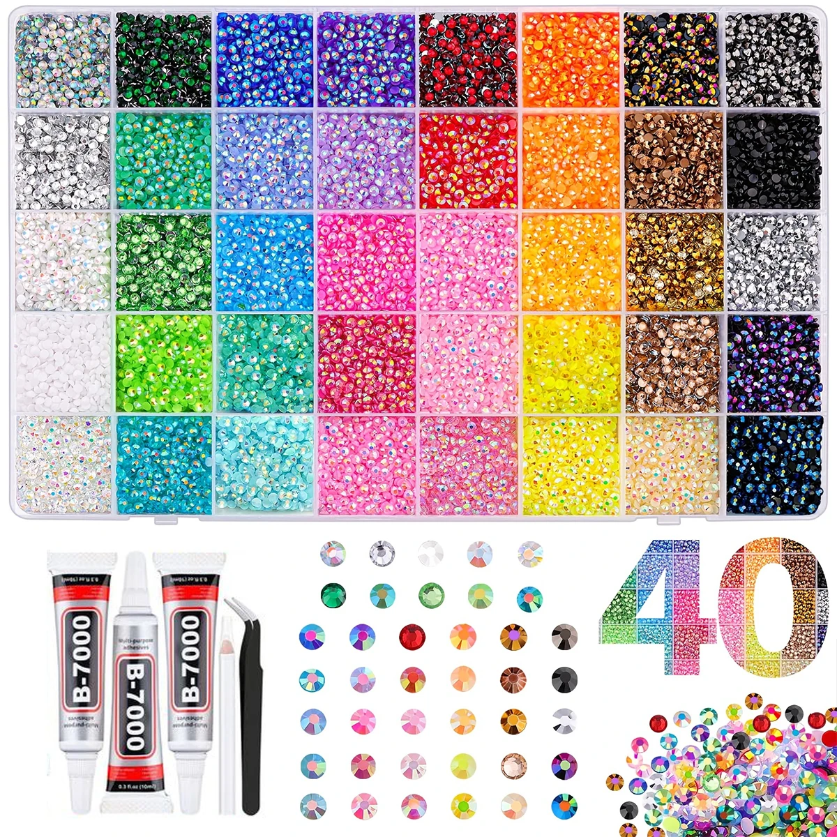 

40000 PCS,40 color 3mm flat bottomed resin drill belt tool set, suitable for DIY decorative nail art, cups, etc