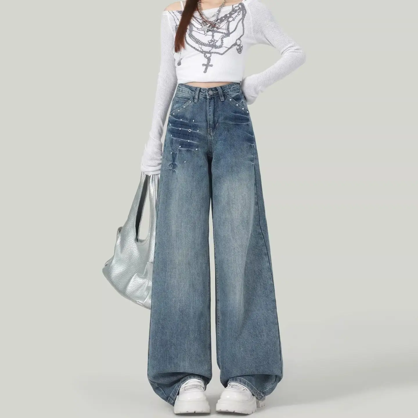 

American Retro High Waist Wide Leg Jeans Women's Spring Summer New Loose Design Slimming Floor-Length Pants Rivet Spicy Girl