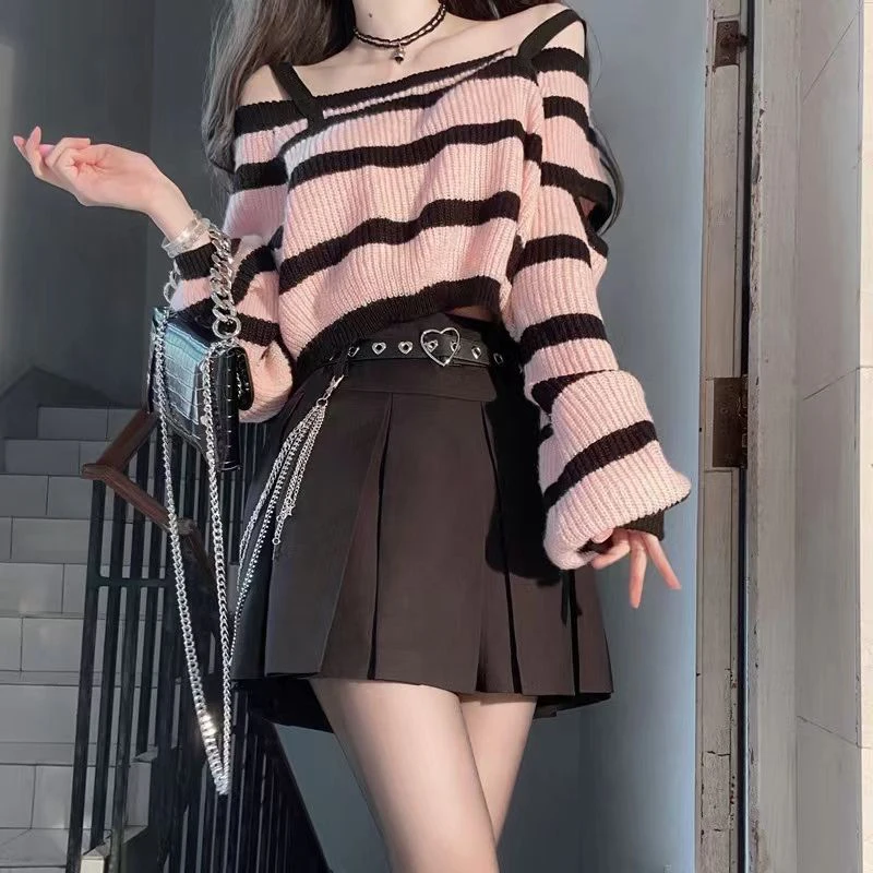 Women\'s Korean Style Stripe Off Shoulder Top, Knit Sweater, Loose Long Sleeve, Hollow Out Pullover, Pink Top, Y2K, Spring 2023