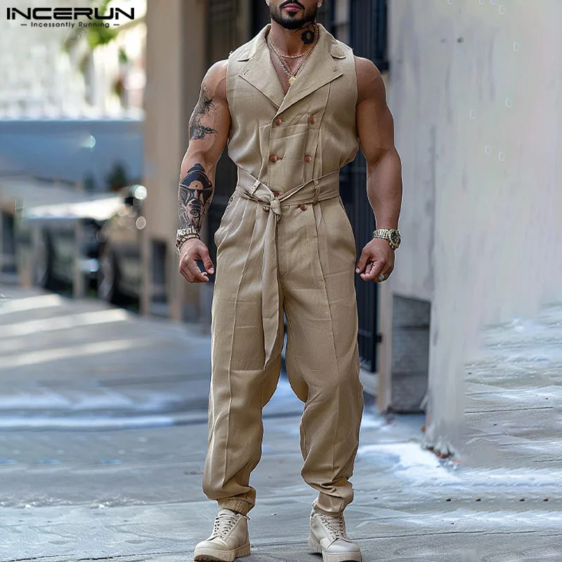 INCERUN Men Jumpsuits Solid Color Double Breasted Lapel Sleeveless Lace Up Male Rompers Streetwear Fashion Casual Overalls S-5XL