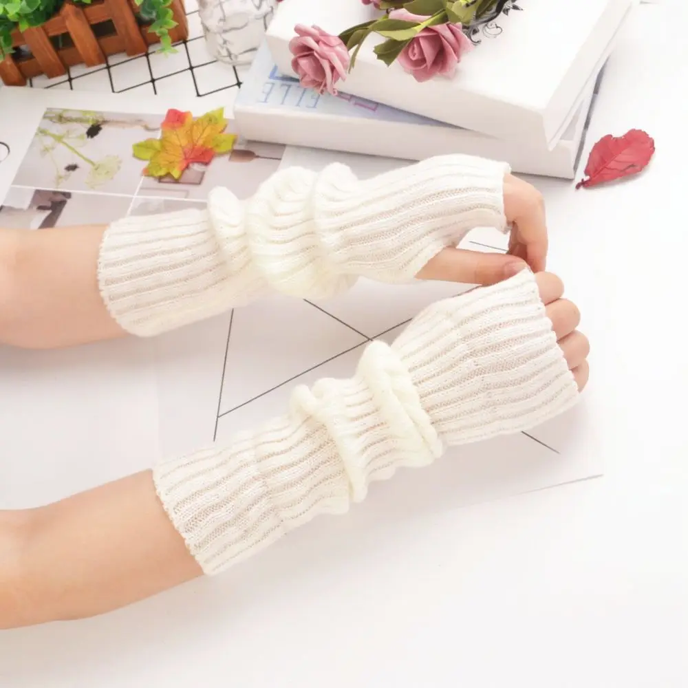 Women Fashion Knitted Arm Warmers Fluorescent Color Long Sleeve Gloves Winter Soft Elastic Trendy Street Style