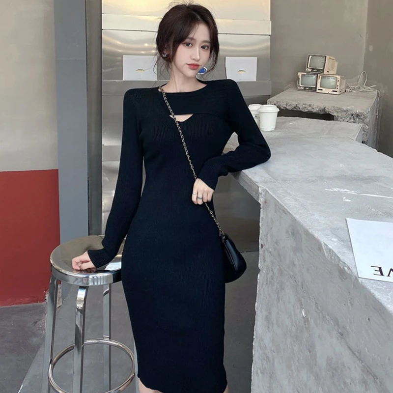 Fall 2024 New Black Underwear Underlay Cutout Knit Dress Small Hepburn Style Slim Slim Sweater Dress