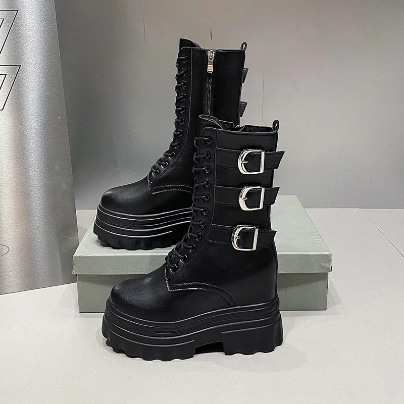 Punk Style Womens Boots Fashionable Mid-calf Boots Height Increasing Platform Boots for Women Casual Leather Booties Botas Mujer