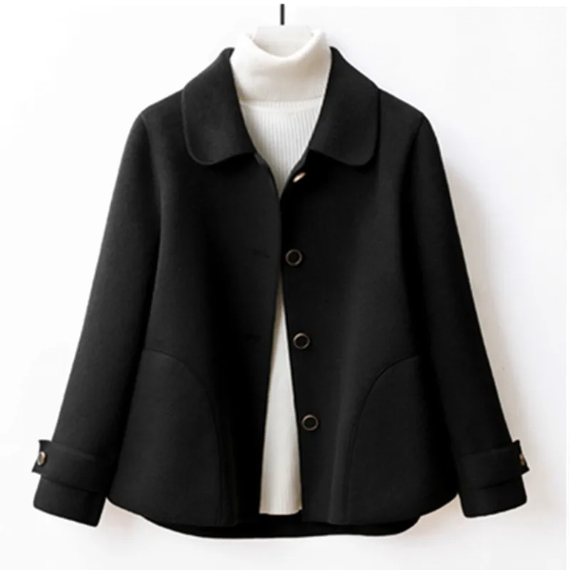 Autumn Winter New Double-Sided Wool Coat Women\'s Section Doll Collar Short Woolen Coats Black Cardigan Outerwear Female