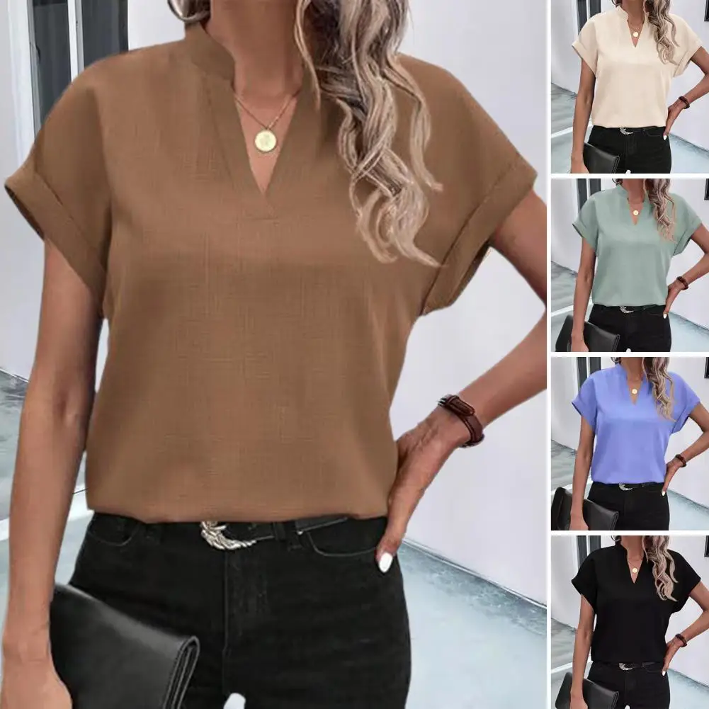 

Loose Fit Blouse Stylish Women's V-neck Casual Shirt for Office Ladies Loose Fit Short Sleeve Blouse Summer Workwear Top Simple