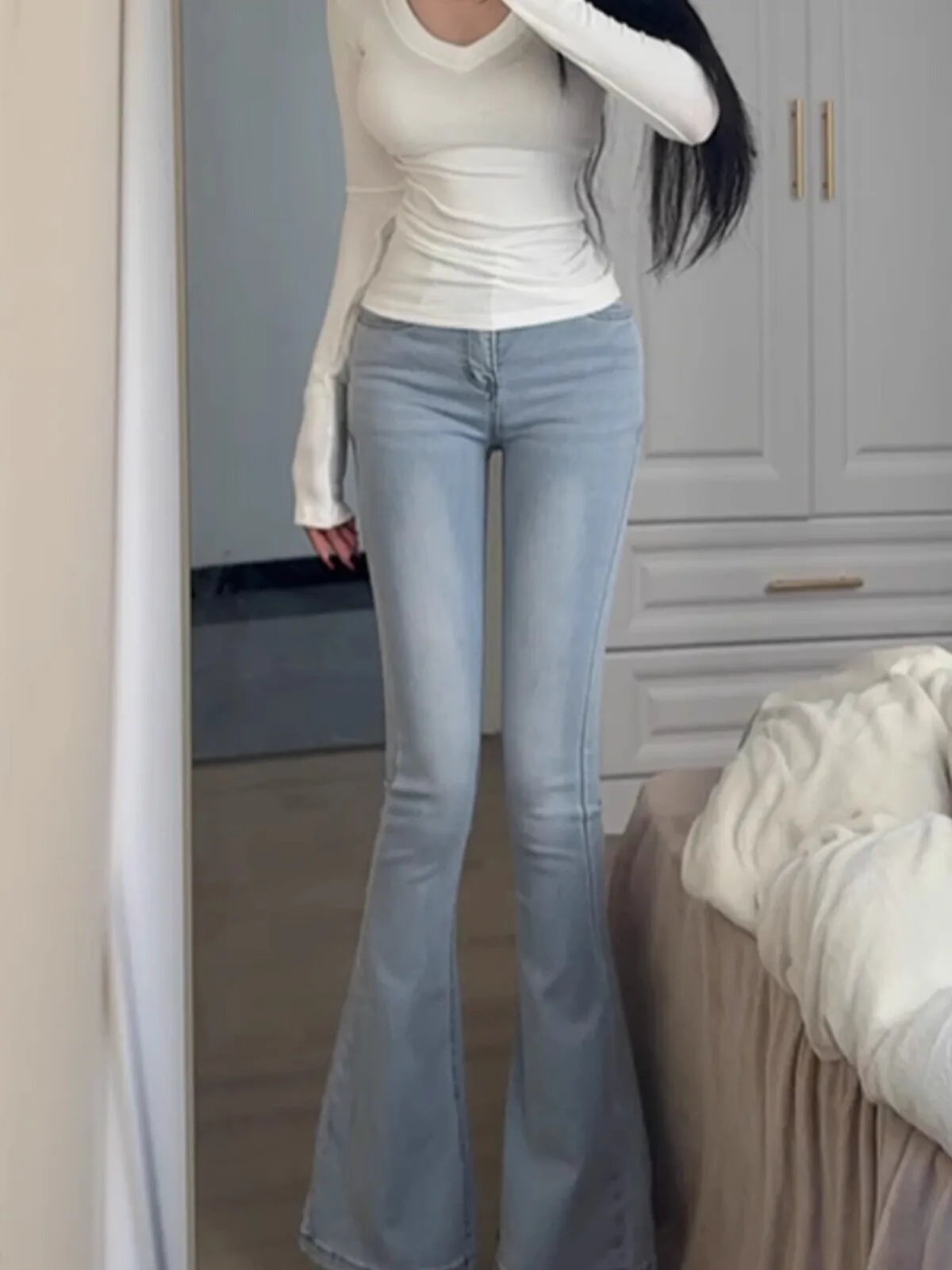 High Waist Flared Jeans Women's Bootcut Denim Pants Butt Lifting Slimming Cotton Stretch Retro Waed Small Stature 50cm