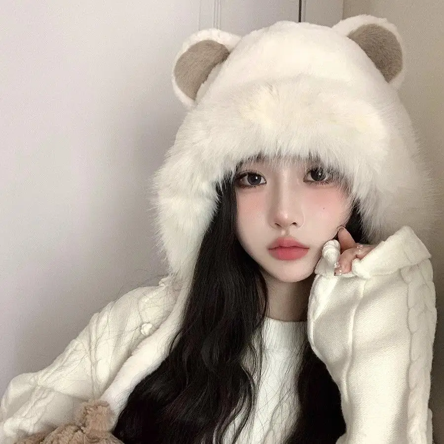 

Imitation Fur Thermal Winter Hat Women Cute Thickening White Fluffy Ball Cap Earflaps Slipover Plush Hat E1768