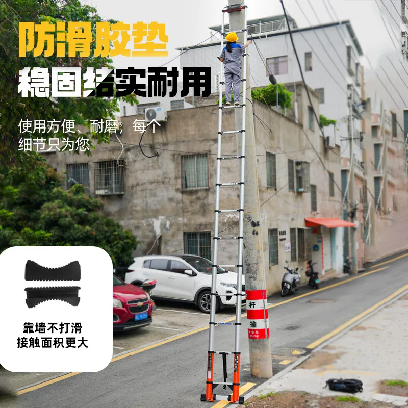 56/7/8 meter telescopic ladder engineering ladder portable straight ladder support bamboo joint thickened hook wheel