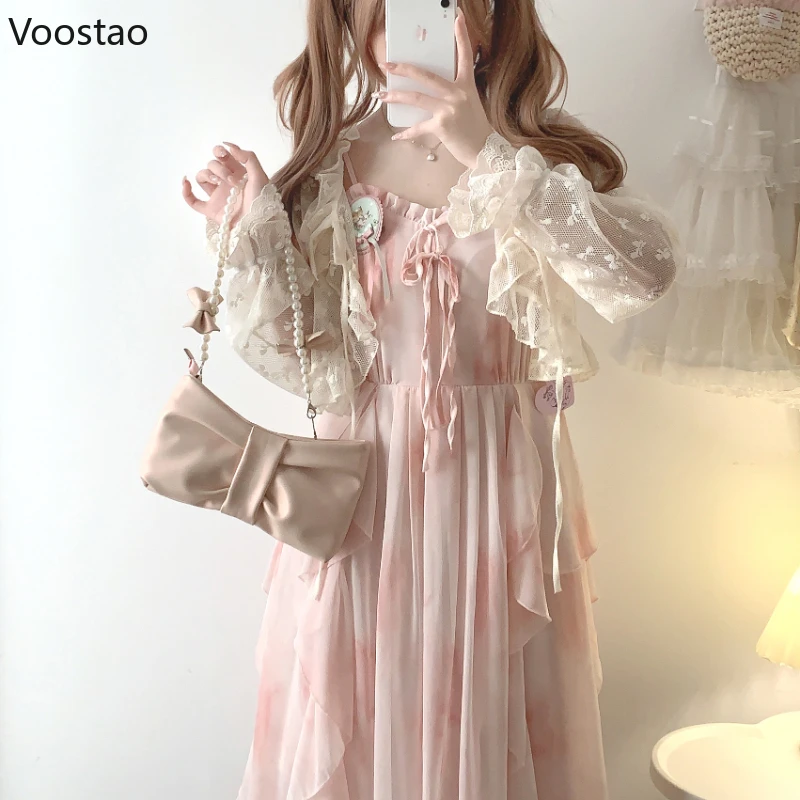 Vintage Sweet Pink Dress Sets Women Kawaii Lace Bow Ruffles Short Cardigan Chiffon Dresses 2 Piece Set Female Beach Dress Suit