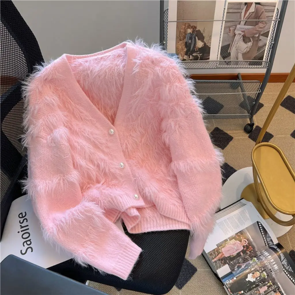 

Women's Pink Mink Knitted Cardigan Coat Soft Waxy Autumn Winter New Style Fashionable Women's Outerwear
