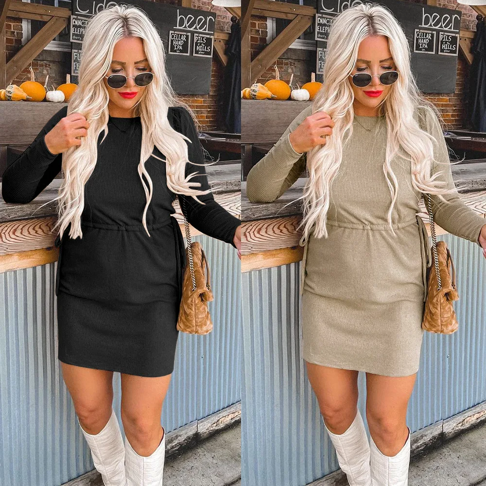 

SKMY Women's Clothing Long Sleeve Lace-Up Dress Round Neck Bodycon Short Dresses Monochromatic Spring Summer New Fashion 2024