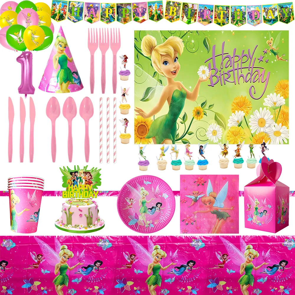 Cartoon Princess Fairy Tinker Bell Fairy Elves Theme Birthday Party Decoration Tableware  Number Latex Balloon Banner Girl Gift