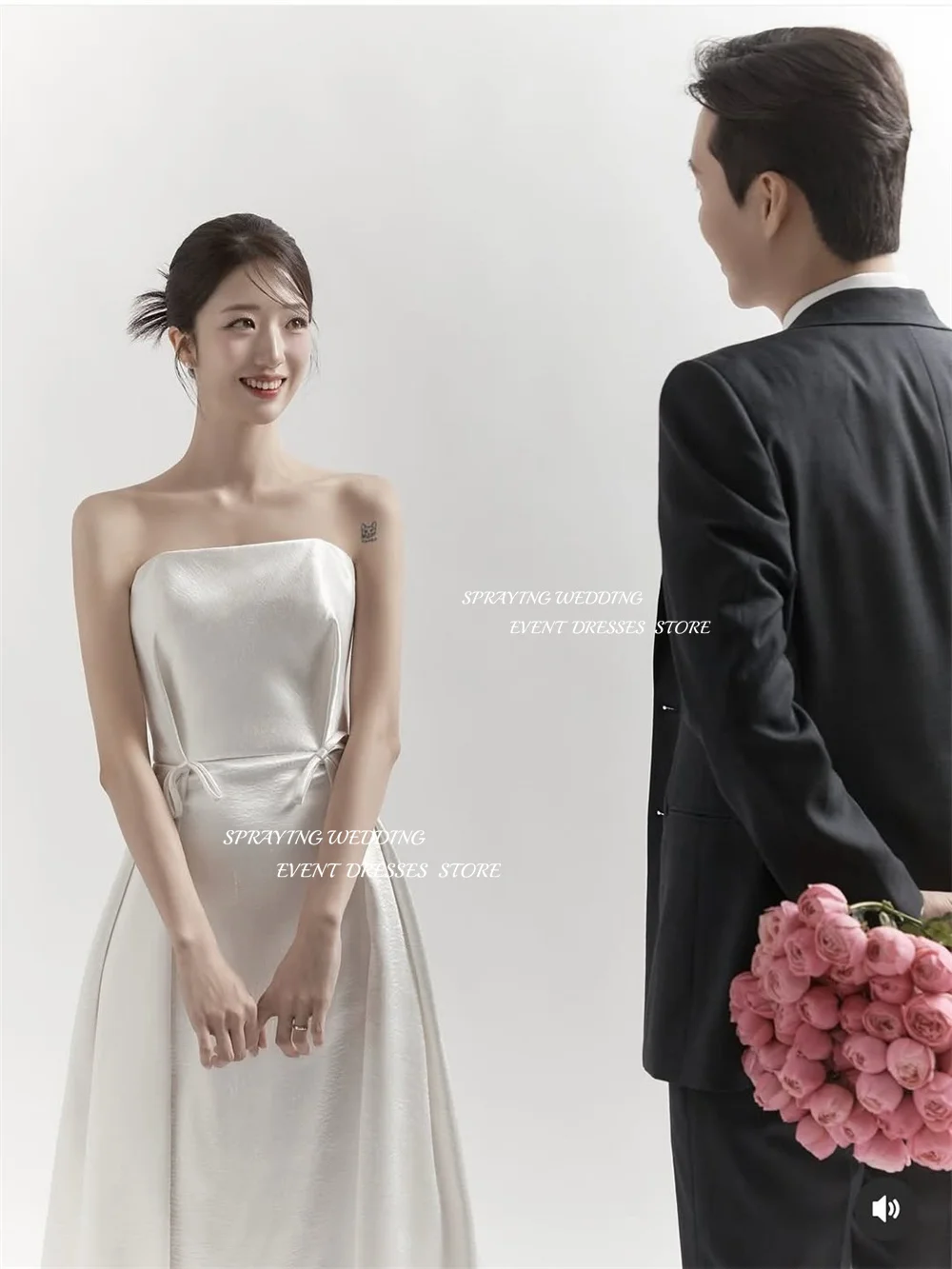 SPRAYING elegante vestido de novia de satén marfil sesión de fotos de Corea sin tirantes una línea vestidos de novia largos corsé personalizado kurs