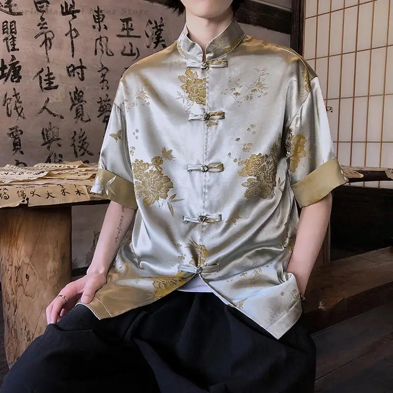 Large Size Men's Chinese Style Shirts Spring Summer Traditional Short Sleeve Tang Suit Top Uniform Shirt Blouses Jacket Clothing