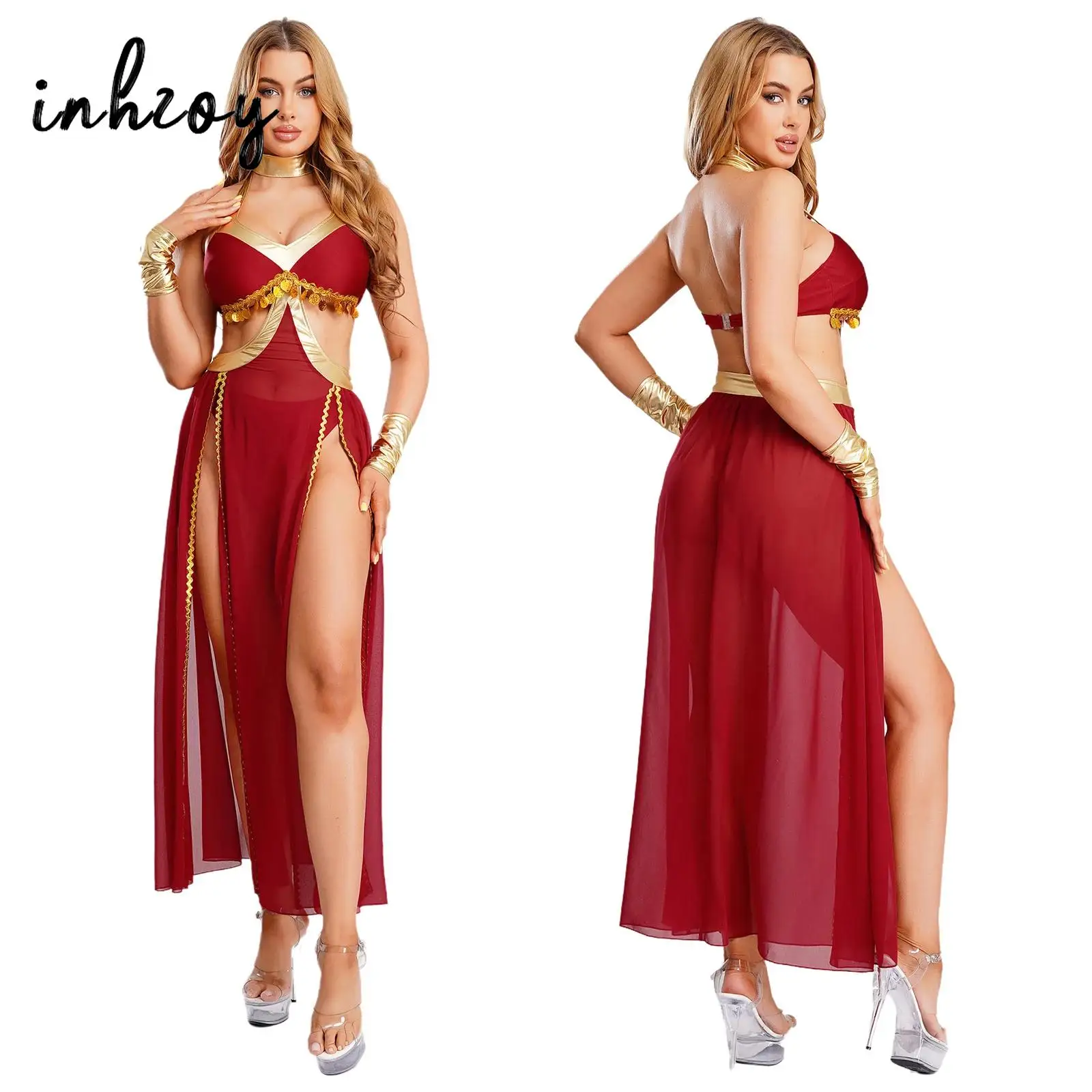 

Женский костюм для восточных танцев: платье с пайетками, бахромой и разрезом, шифоновый подол, на бретелях, для индийских и латиноамериканских танцев, сценический костюм, элегантный дизайн с вырезом халтер