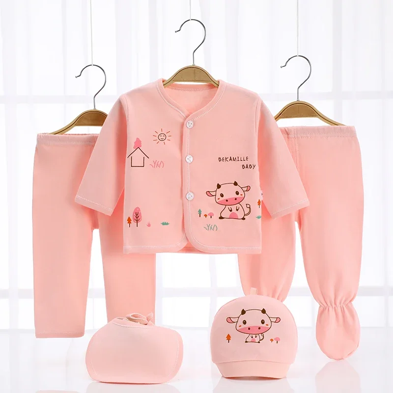 

5pcs/set Newborn Baby Clothes Set Cute Cartoon Cotton Candy Color Boy Girl Outfit Clothing 0-3 Months Top Pants Hat Bibs