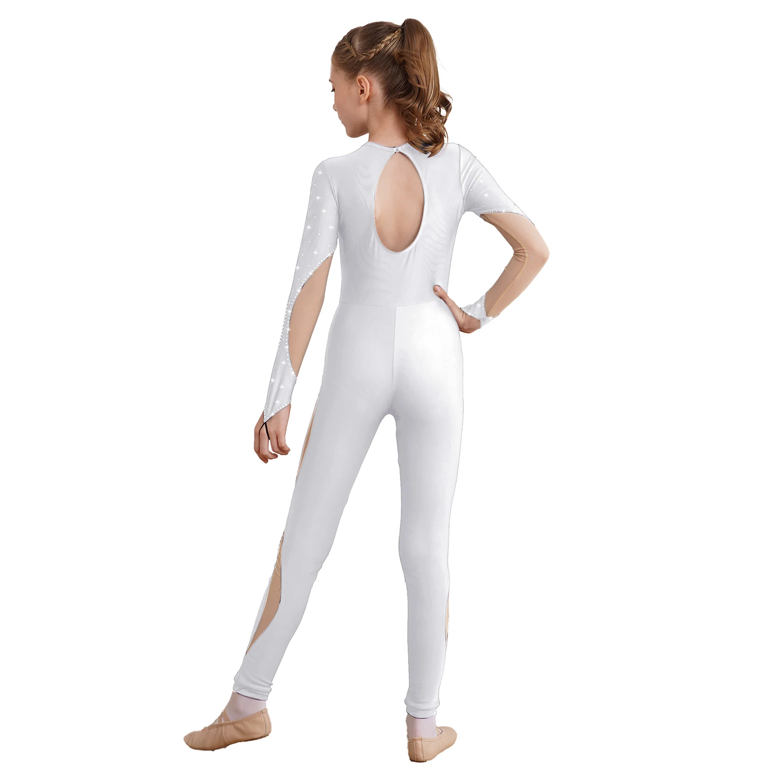 Child Girls Long Sleeve Sheer Mesh Figure Skating Jumpsuit Ballet Dance Gymnastics Acrobatics Yoga Leotard Performance Bodysuit