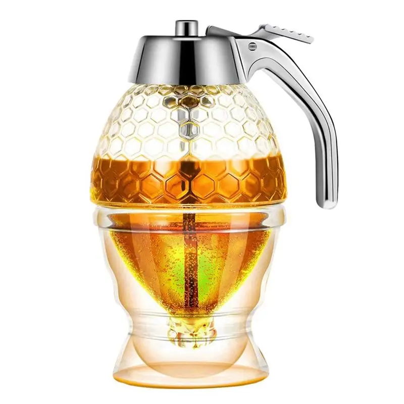 ABXF-3X Honey Dispenser,No Drip Syrup Sugar Container With Stand,Beautiful Honey Comb Shaped Honey Pot,Syrup Sugar Container