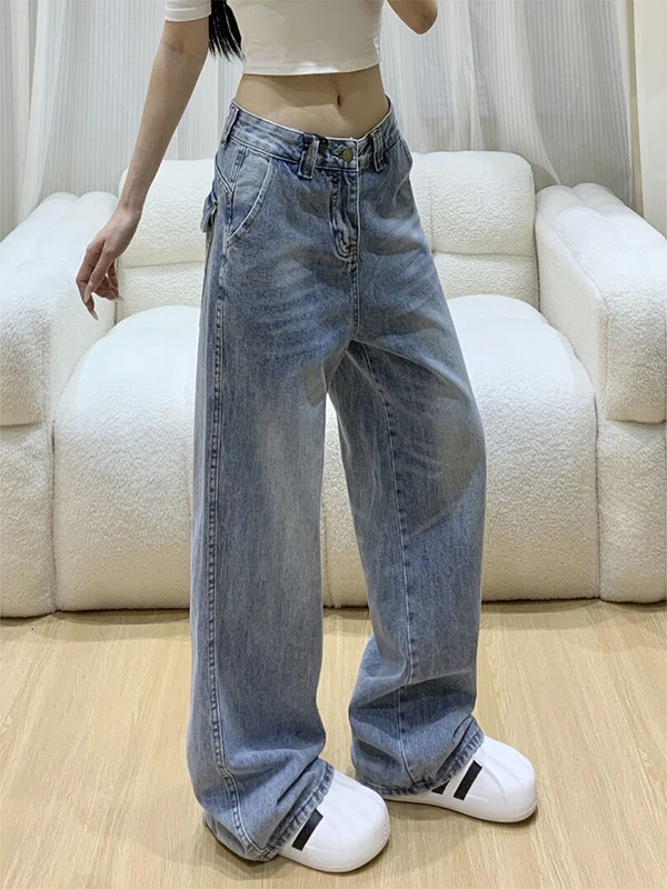 Retro Amerikanische Ausgewaschene Jeans für Damen mit Niedriger Taille, Weitem Bein und Geradem Schnitt, Herbst-Neuheit der Marke Sle PmORh