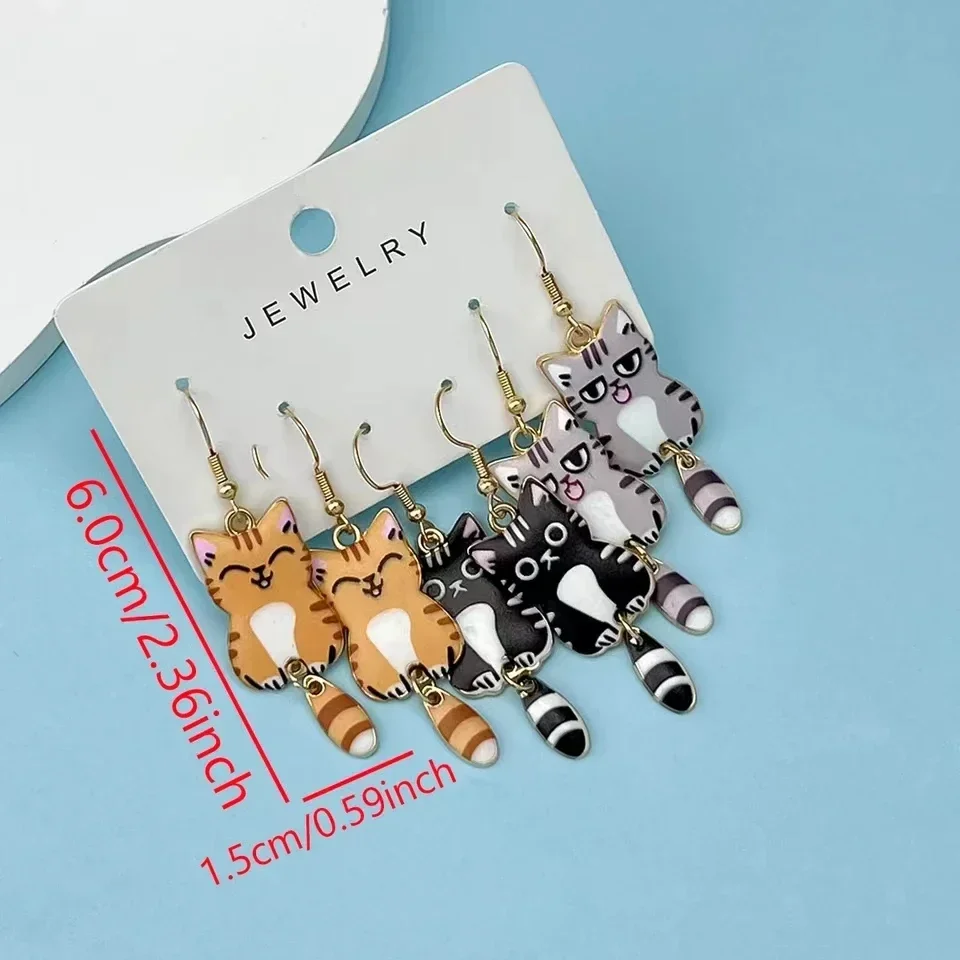 3 Pairs Fun and Cute Enamel Alloy Hanging Tail Cat Dangle Earrings Colored Cat Ear Jewelry Set Lovely Gift for Women 2025 Trend