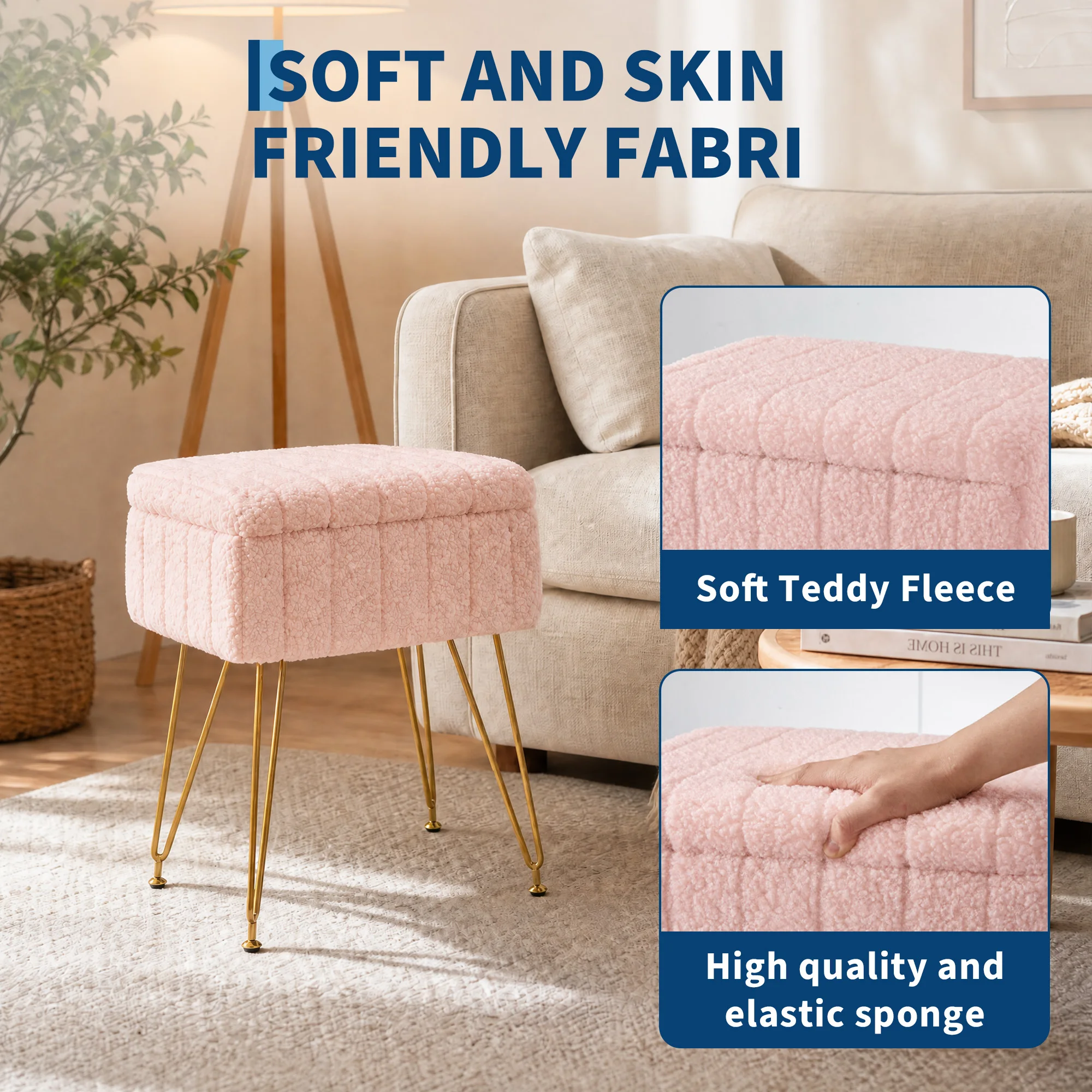 Vanity Stool with Storage, Faux Fur Ottoman with Metal Legs and Anti-Slip Feet, 15.7 x 11.8 x 18.7 Inches Soft Furry Padded Seat Foot Rest for Makeup Bedroom Living Room