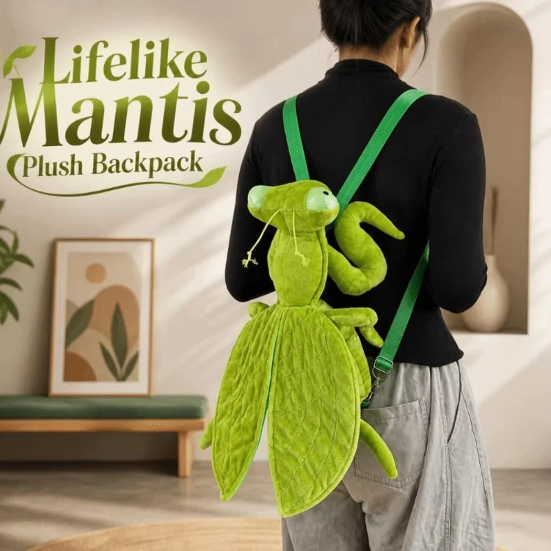 Green Mantis Stuffed Plush Backpack, Lifelike 3D Insect Design Daypack, Lightweight Adjustable Straps Casual Novelty Backpack