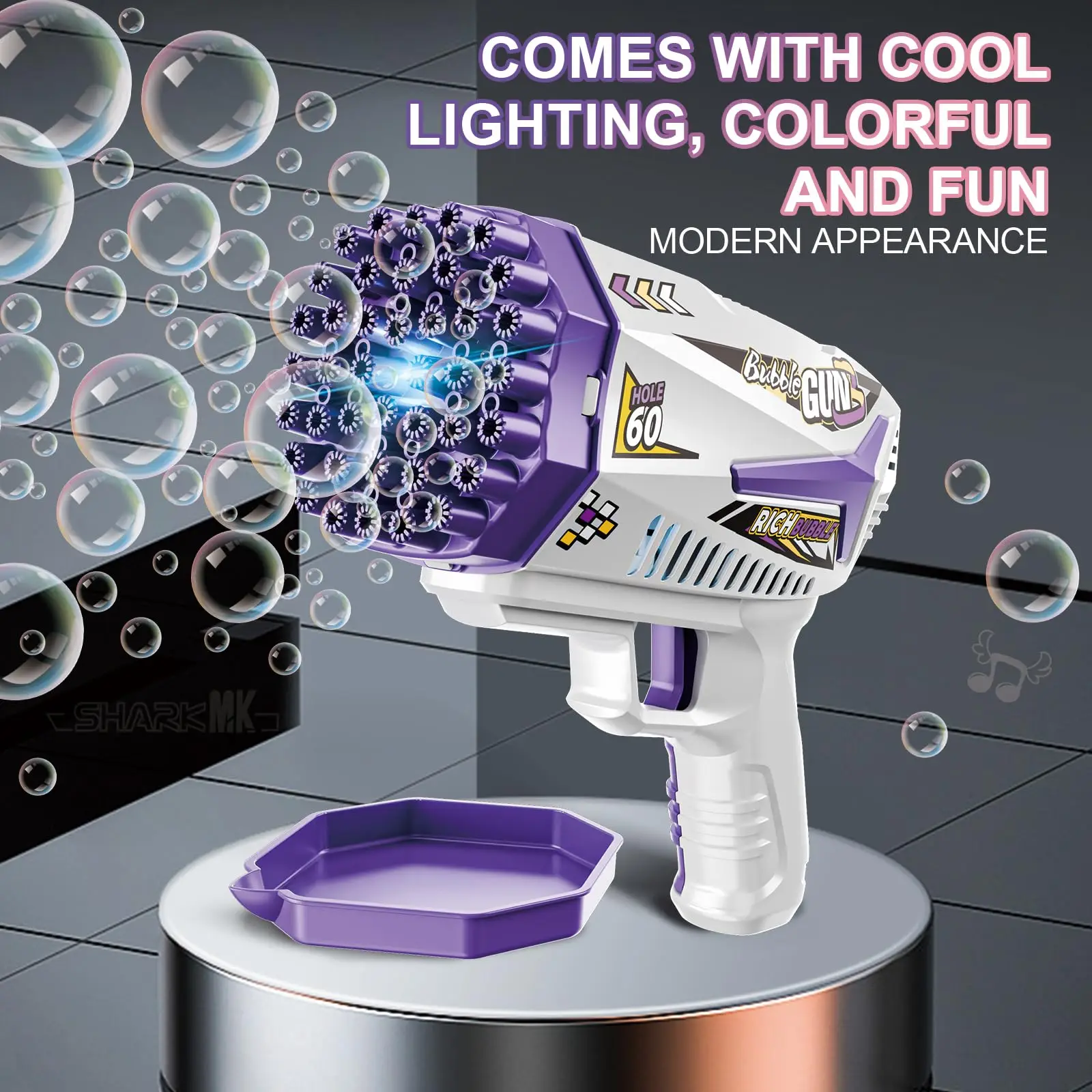 Máquina de bolhas de 60 buracos, pistola de bolhas com luzes led, para crianças, meninos, meninas, festa de aniversário ao ar livre (sem solução de bolhas)
