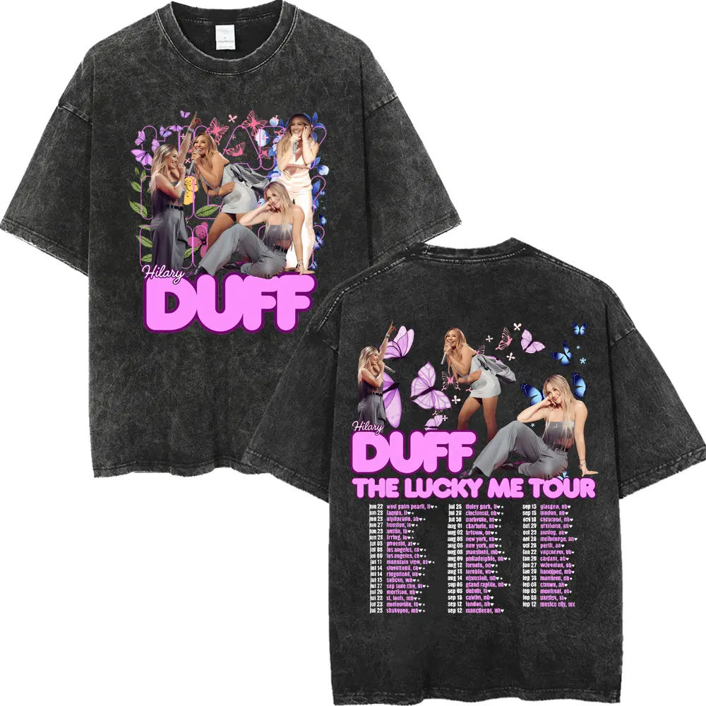 Camisetas vintage lavadas de la gira The Lucky Me de Hilary Duff 2026, camisetas de manga corta estilo Y2K, camisetas casuales sueltas de algodón unisex