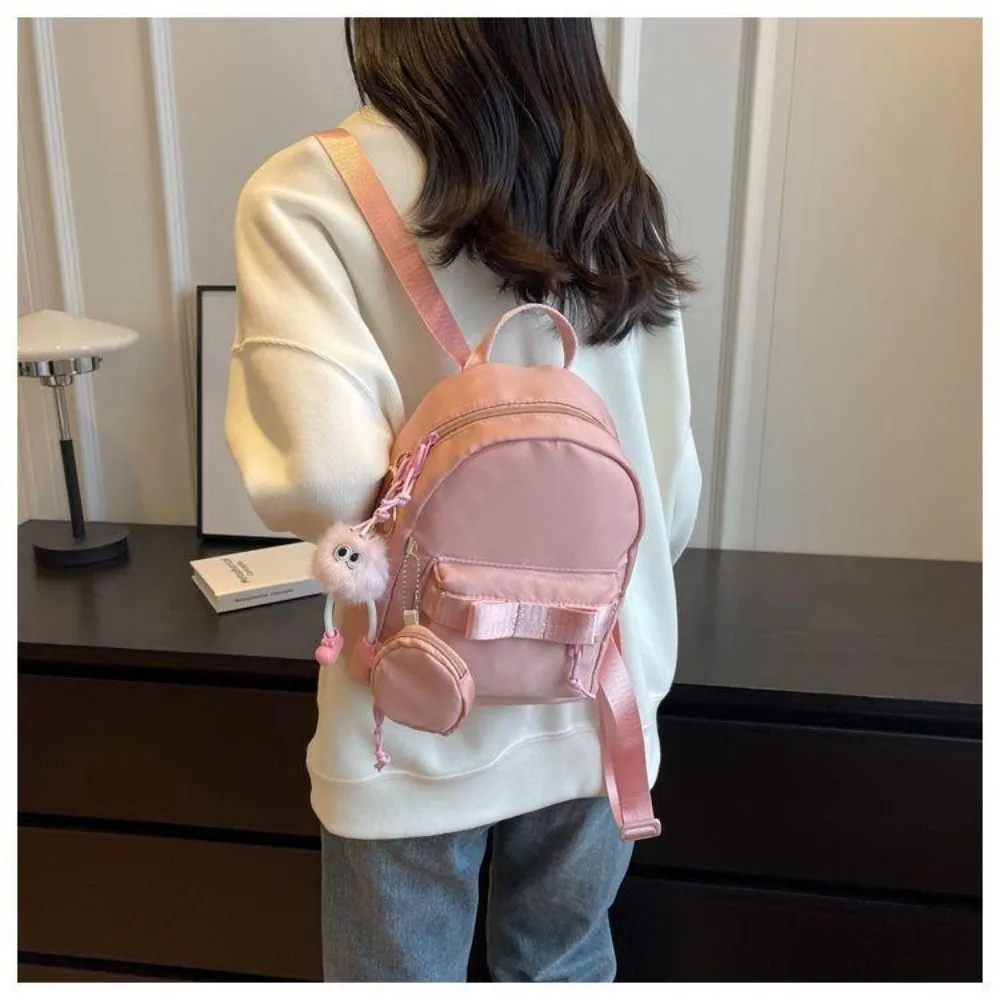 with Headphone Bag Mini Backpack Portable Nylon Solid Color Women's Backpack Bow Zipper School Bags Travel