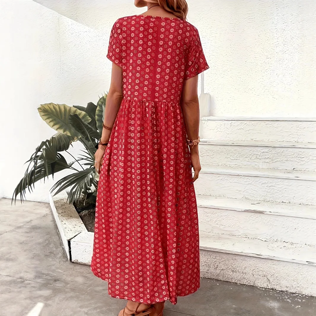 Women's Plus Size Dress Summer Hot Selling Fashion Personality Casual Red Polka Dot V-Neck Short Sleeve Long Dress - view 3