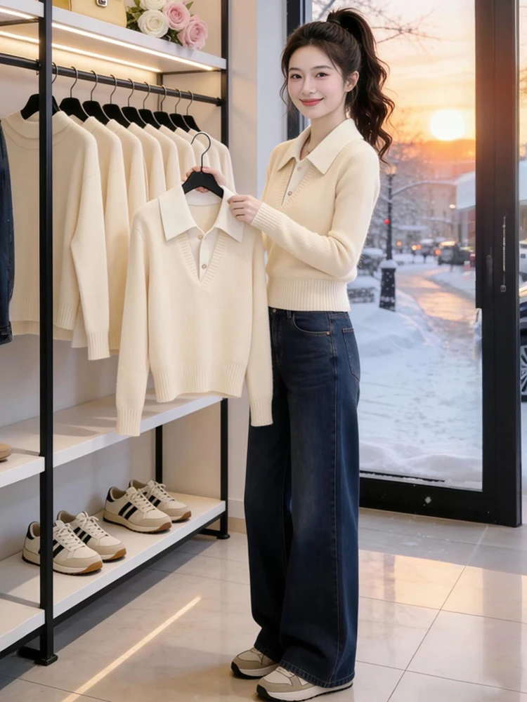 

Женский вязаный свитер Ele Long Sve с воротником, облегающий, высокого качества, модный, для повседневной носки, осень-зима, маленький размер